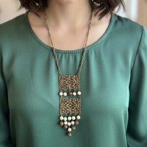 Vintage Lacy Filigree Faux Pearl Edwardian Revival Gold Drop Statement Necklace